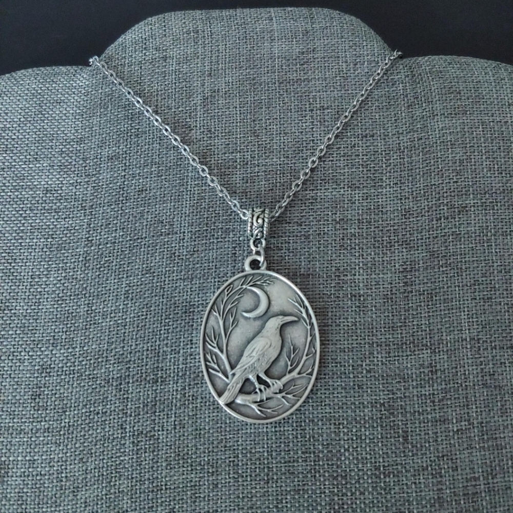 Silver Raven and Moon Pendant Necklace - Picture 2 of 7